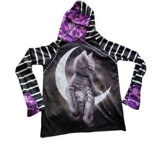 KITTEN MOON hoodie‎ stripe purple skull print with thumb holes M/L